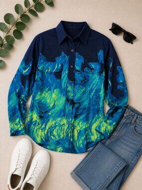 Wrangler Western Shirt L Flame Wave Print Bold Abstract Cowboy Snap Front